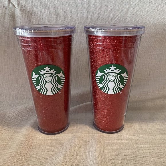 Starbucks Red Glitter Cold Cup Tumbler Siren Logo Set of 2 Holiday 2018 - Picture 2 of 8